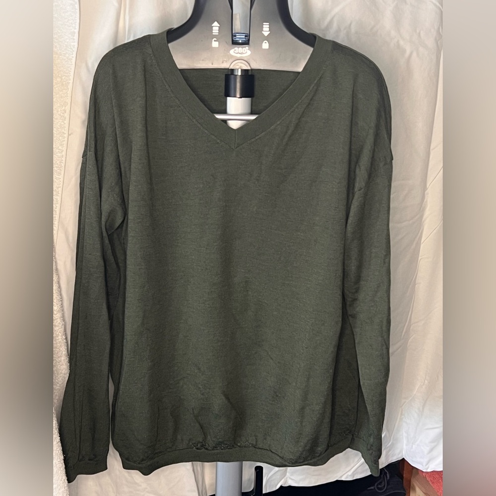 Blue Sky Forest Green V-Neck Merino Sweater